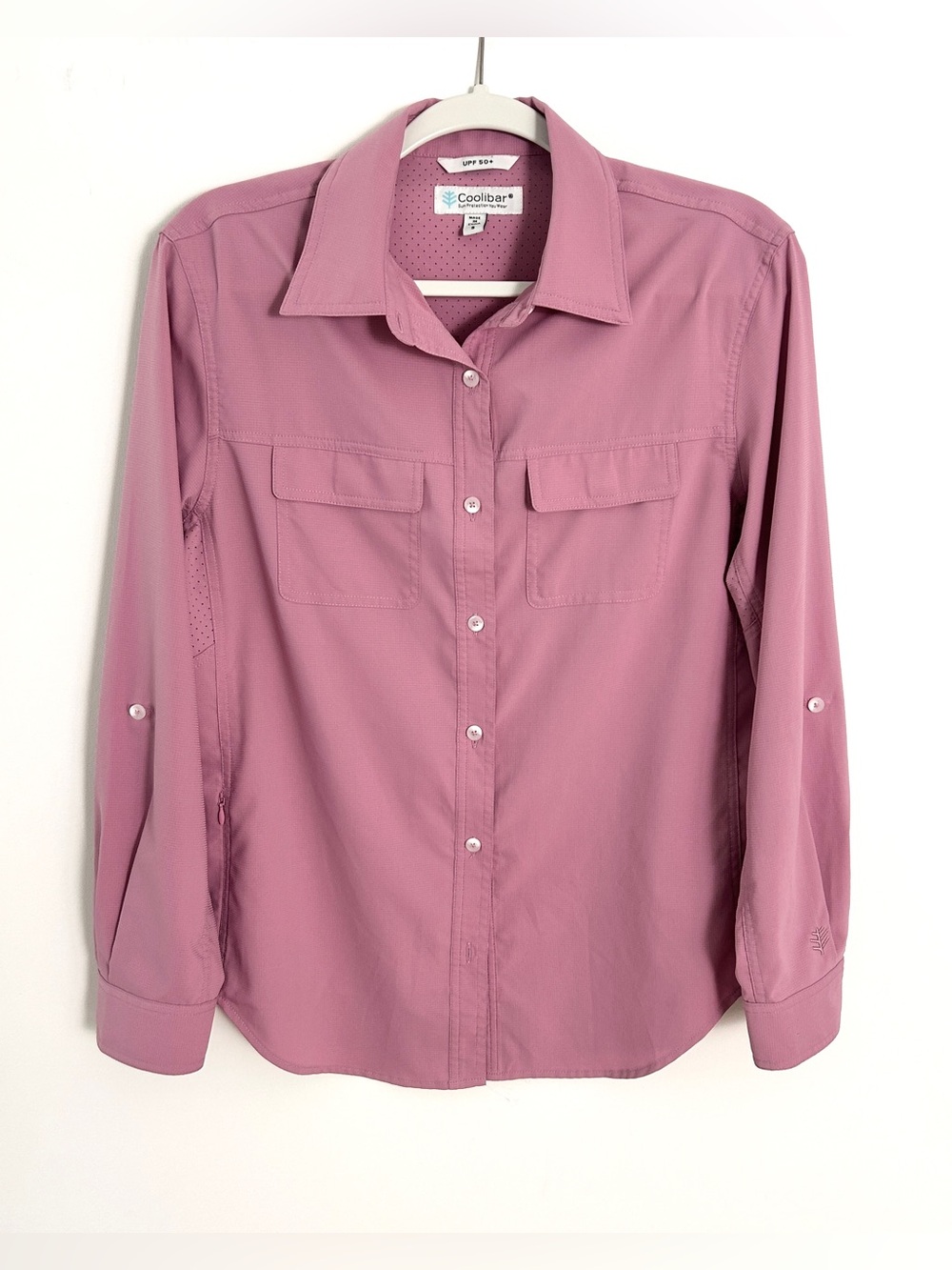 Coolibar Mylitta SPF 50 Button Up Shirt Long Sleeve Travel Mauve Womens Small
